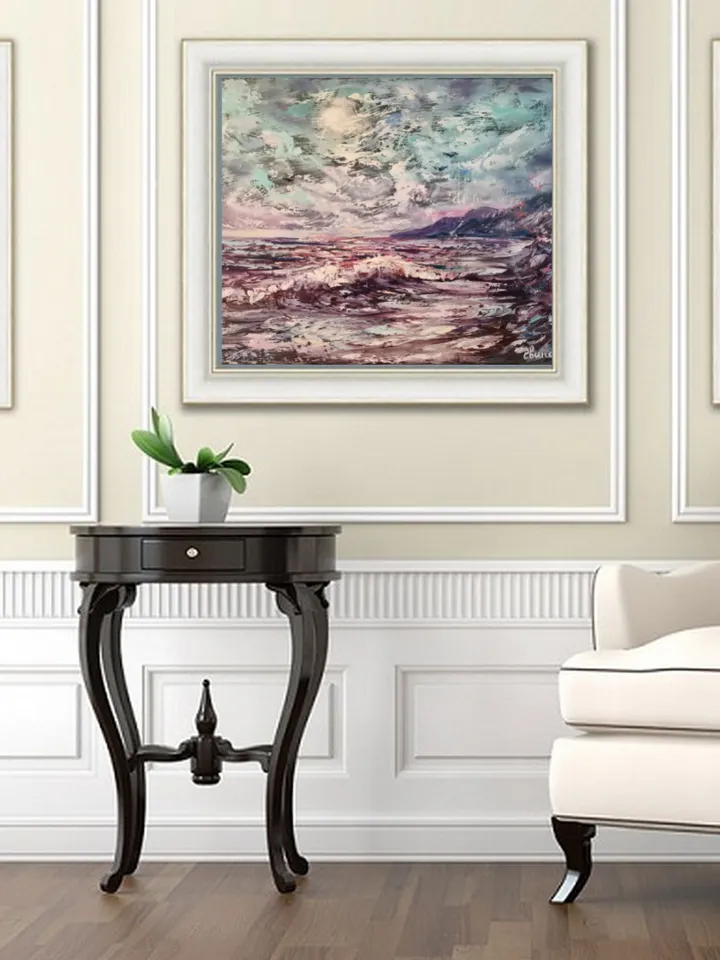 Moon Night Mountains Sea Wave Original Art Oil Painting Artist Svinar Oksana