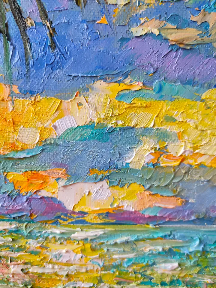 Seascape California Oil Painting Stretched on Frame Canvas 12/12 inch Original Art Colorful Seascape Oil Painting Made with Palette Knife by Nata_Lena_Art