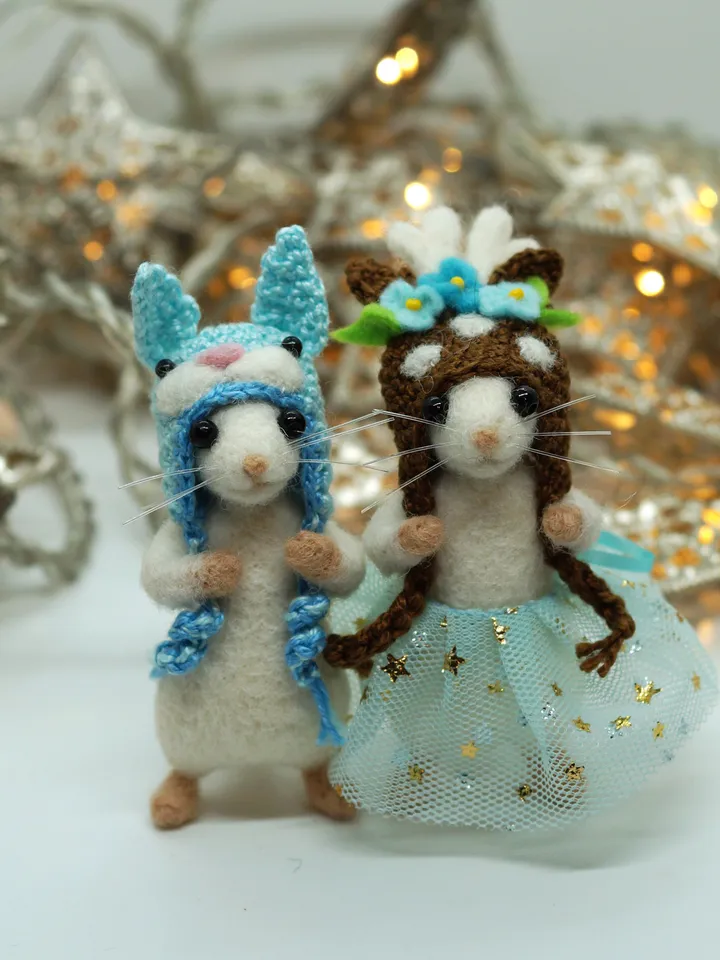 Timmy the mouse, miniature needle felted white mouse in a rabbit hat, made to order