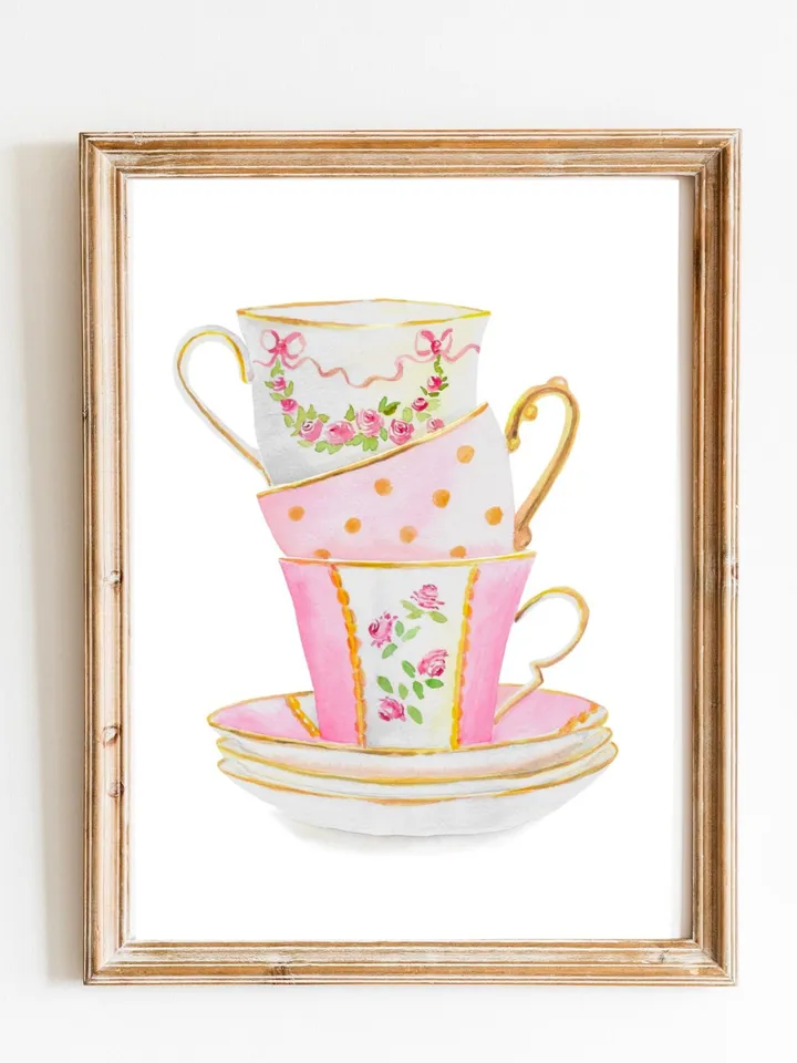 Tea cups, Kitchen Art, Wall Art, Kitchen Wall Decor, Vintage Tea Cup, Gift For Tea Lovers, Tea Party Decor ,Watercolor Art Print Tea Poster