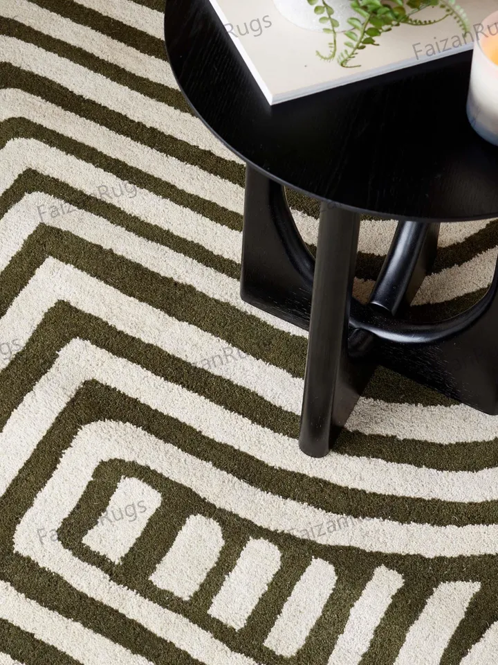 Abstract Swirl Dark Green And Ochre Hand Tufted Rugs 100% Wool For Living Room, Bed Room, Kids Room In Any Size 9x12,8x10,6x9,5x8,3x5