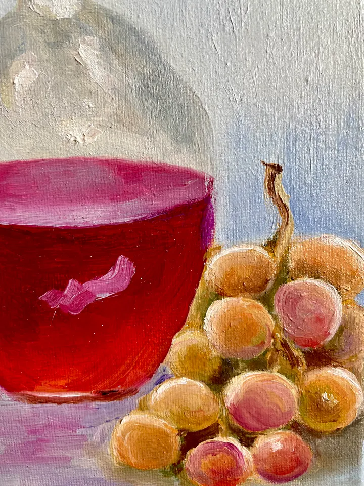 Wine Decanter Painting Grape Fruit Original Oil Painting on Canvas, Wine Glass Still Life Painting 10" x 8"