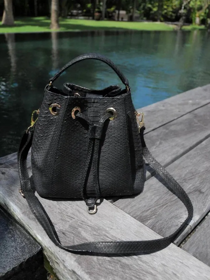 Genuine python skin black bucket crosshandle bag | designer women purse | classy elegant crossbody bag | exotic leather bags | gift idea