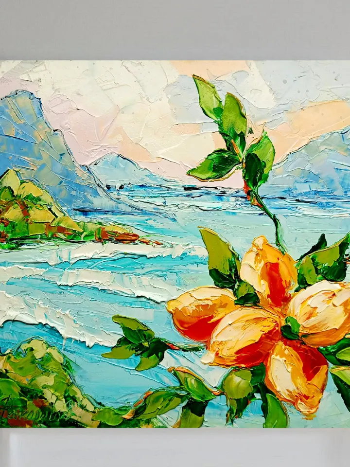 Italy Painting Lemon Original Art Impasto Oil Painting Coastal Painting Seascape Painting Sorrento Abstract Italy Painting by ArtProkopaloSv