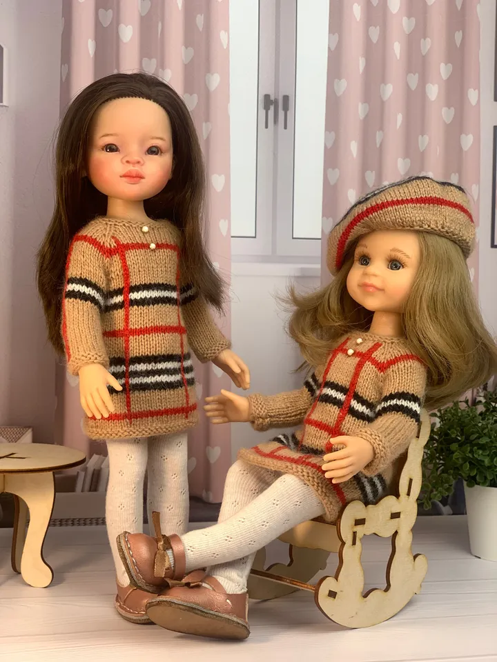 Сheckered Вress for Paola Reina doll KNIT PATTERN tutorial Boneka 12-13 inch doll, Ruby Red Siblies, Les Cheries 32 cm PDF eng
