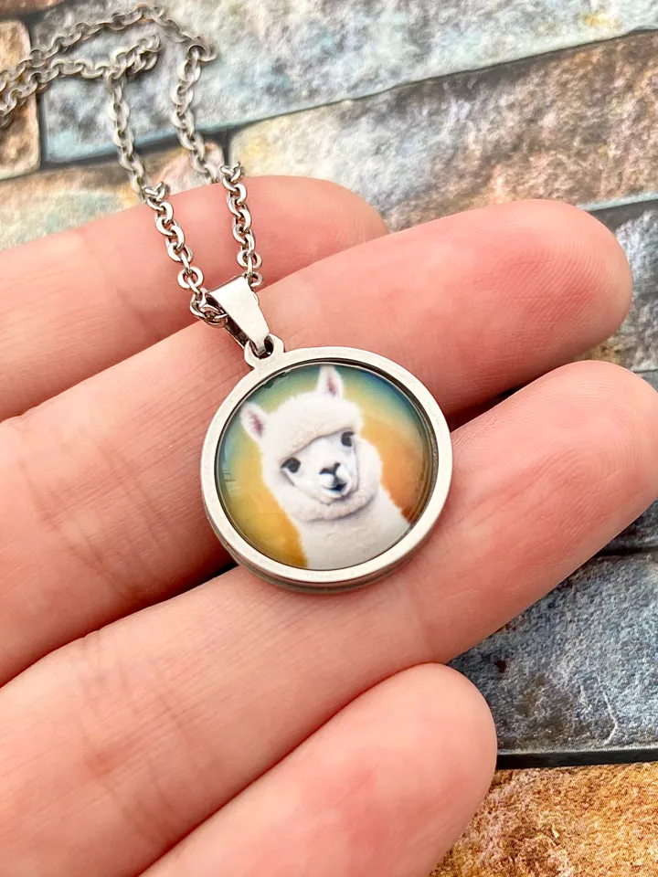 Alpaca necklace, steel pendant with glass, Lama lover gift