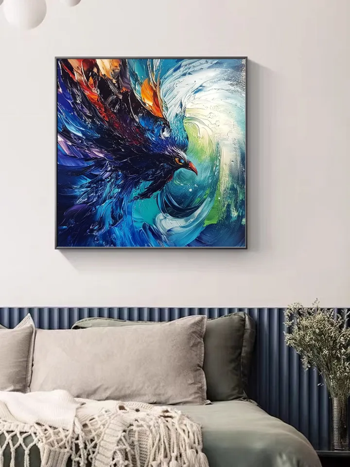 Hand-Painted Abstract Oil Painting | Vibrant Blue Bird in Motion | Stunning Wall Art with Bold Colors for Living Room Decor