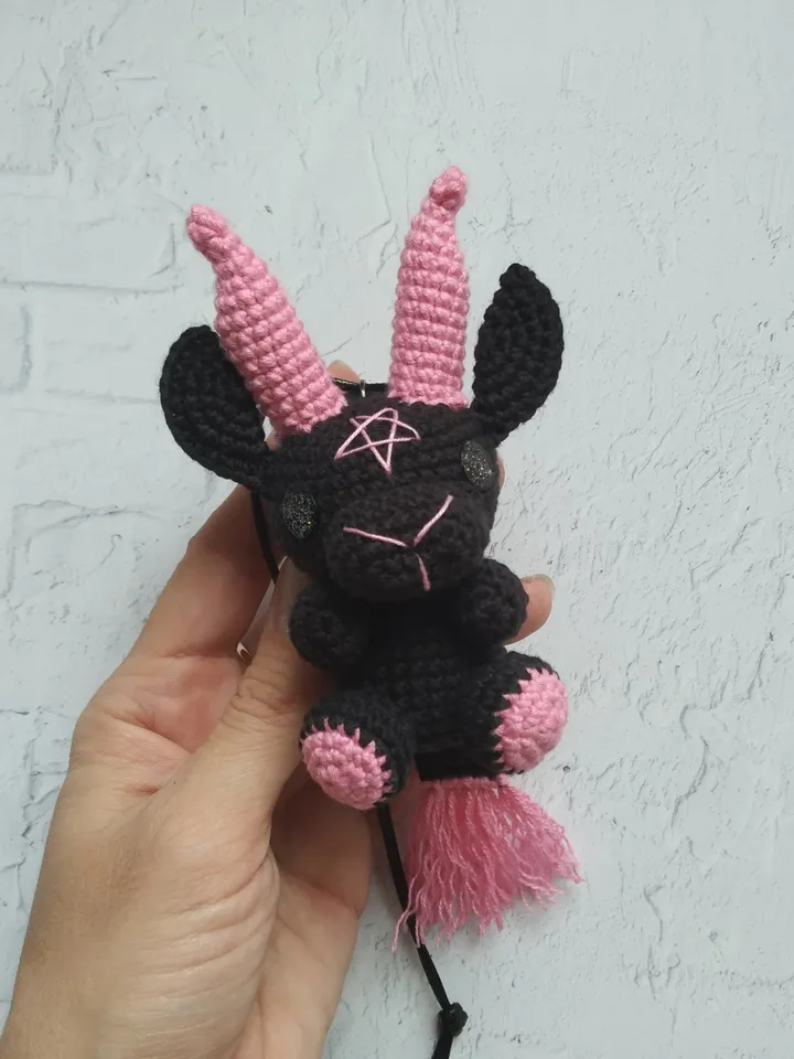 Baphomet gothic car accessories, crochet plushie car charm, hanging plush, creepy car decor, rear view mirror accessories, car interior, goth car, horror car decor, weird sharm, baphomet amigurumi, demon plushie