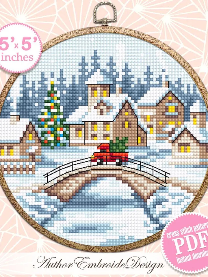 Christmas village cross stitch pattern PDF download Winter landscape cross stitch chart, Christmas pattern digital PDF, Snow landscape #N183