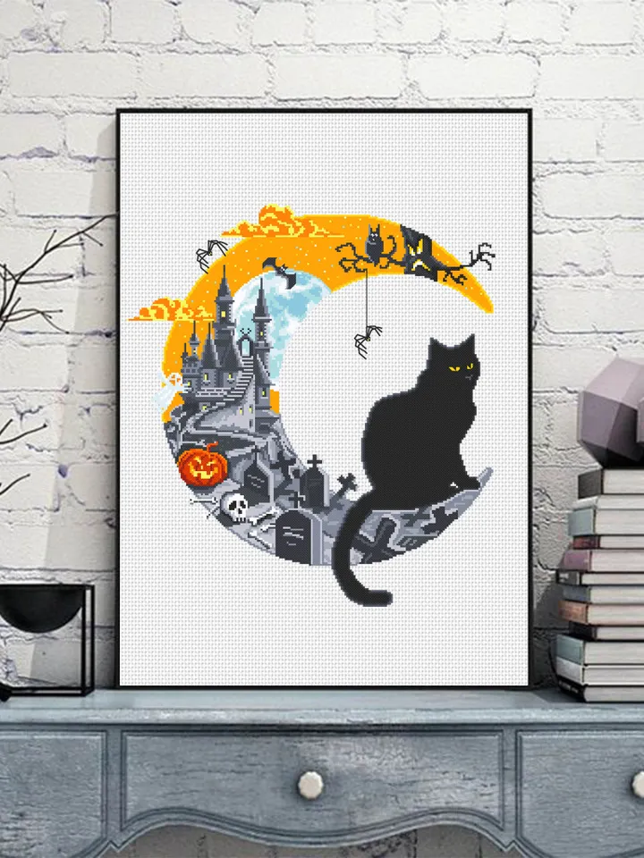 Halloween cat cross stitch pattern PDF download Haunted house cross stitch chart, Halloween pattern digital PDF, Spooky cross stitch #S52