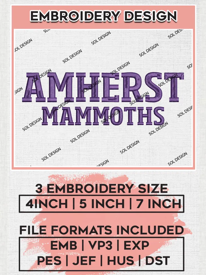 Amherst Mammoths Team Writing Logo Embroidery Design Files, NCAA Amherst Mammoths Machine Embroidery, NCAA Teams, 3 sizes, NCAA Machine embroidery designs, Digital Download