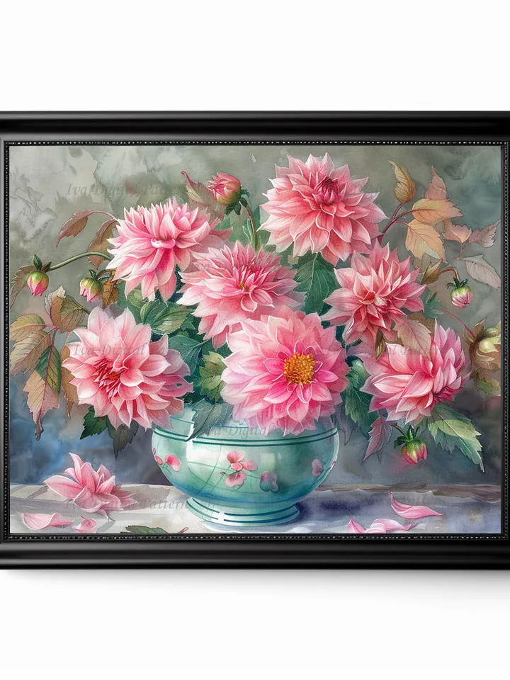 Bouquet of pink dahlias in a vase watercolor drawing, digital illustration, digital painting , wall art decoration. AI