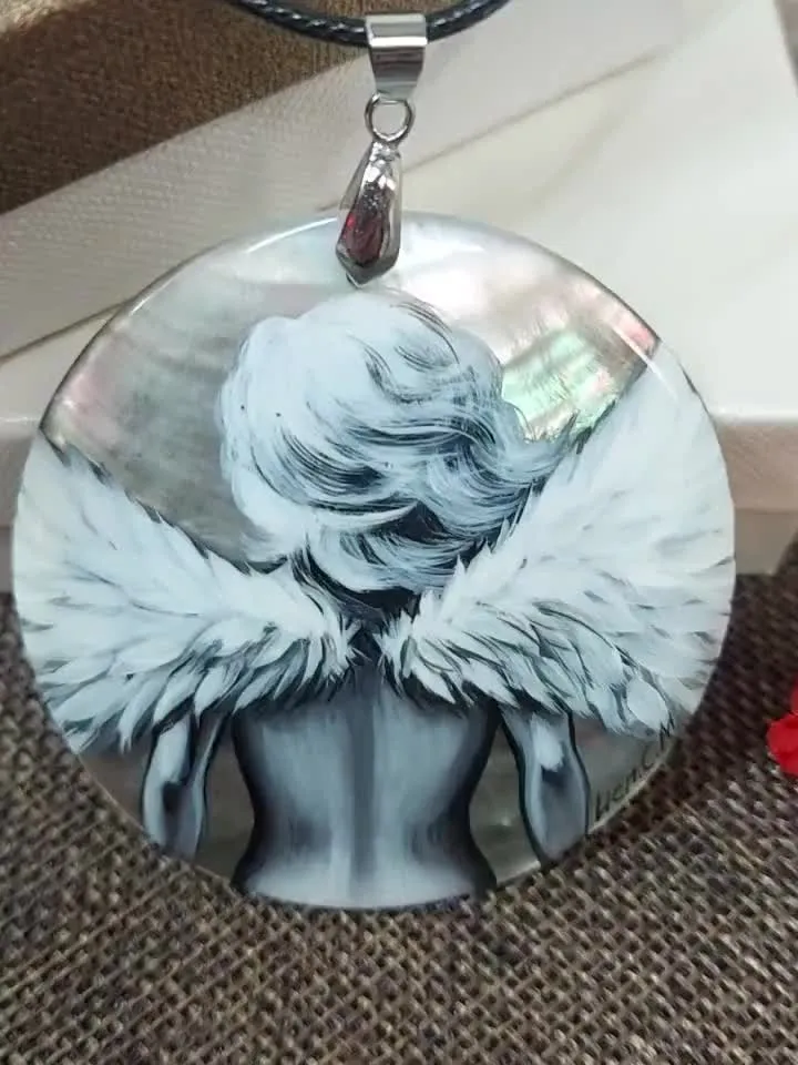 Beautiful Pendant "Angel"Mother-of-pearl miniature Hand-painted,Russian jewelry,Fedoskino art gift,Exclusive gift, Russian lacquer miniature