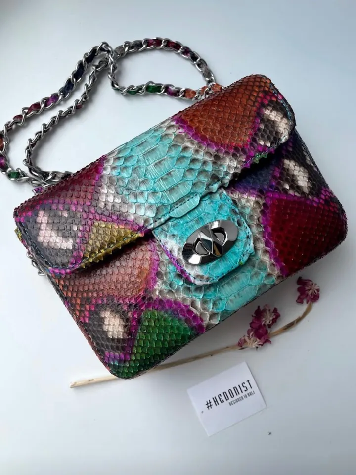 Genuine Python Skin crossbody bag blue multicolour | Adjustable Chain Classy Elegant Crossbody Small Lady Summer Bag | Python Purse