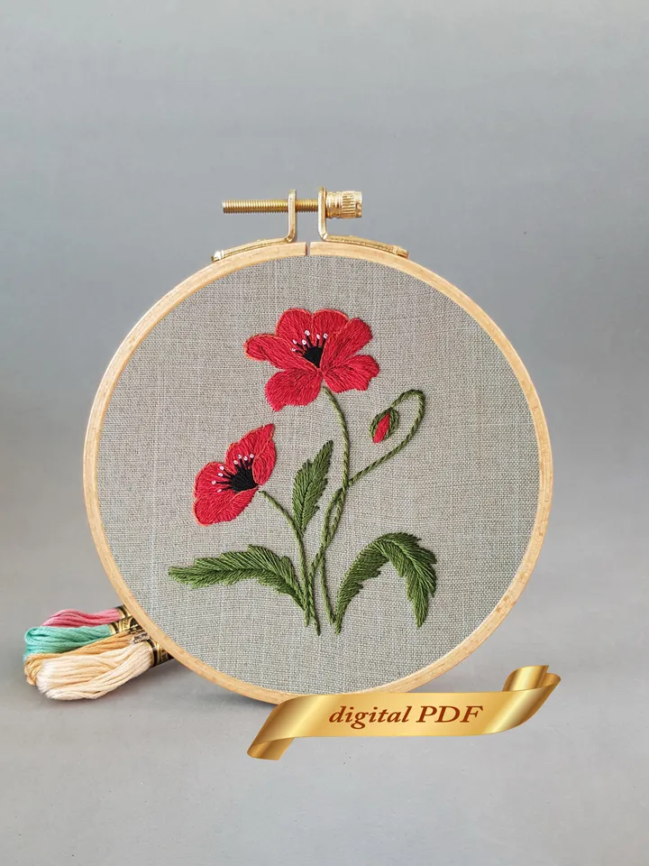 Poppy pattern PDF hand embroidery DIY, Floral design
