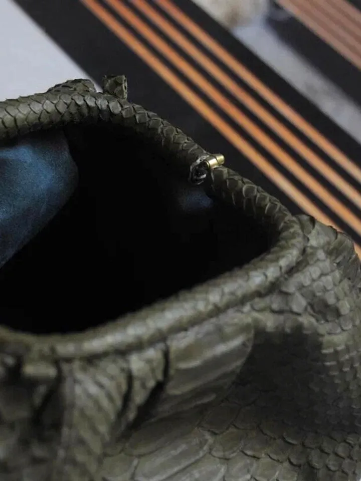 Genuine python skin khaki pouch bag | exotic leather bags | small size soft clutch | green designer bag | gift for her | classy purse