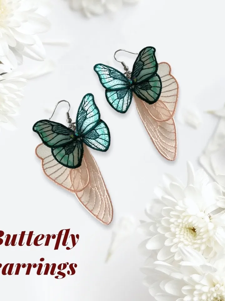 Machine embroidery design butterfly earrings Digital embroidery pattern Floral motif 3D embroidery chart butterfly embroidery design