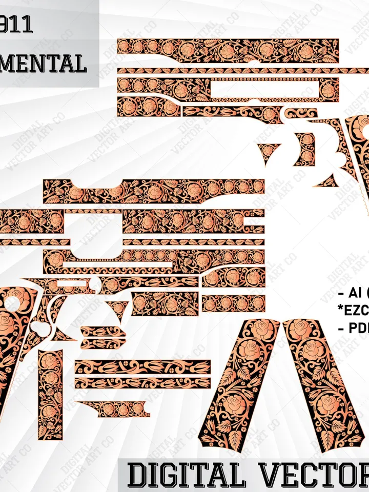 Colt 1911 Rose Scrollwork Vector Design