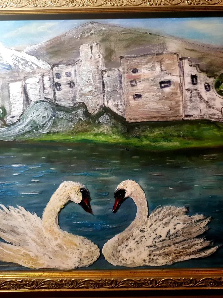 Swans on the lake,stained glass art,mix media art,painting on glass pastel painting,one of a kind.