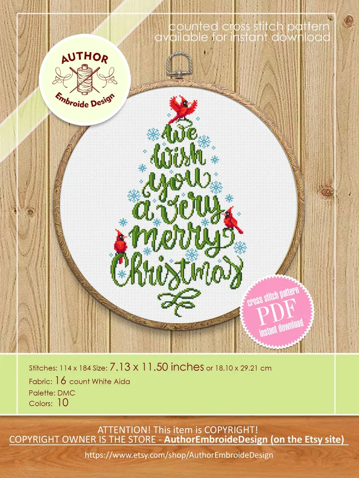 Christmas tree cross stitch pattern PDF download Mini cardinal cross stitch chart, Merry Christmas pattern digital PDF, DIY Home decor #N175