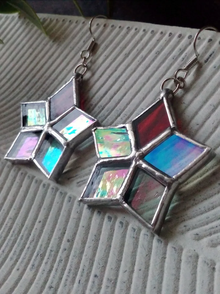 Star drop earrings, flower dangle earrings, geometric earrrings, Iridescent drop earrings, simple stained glass