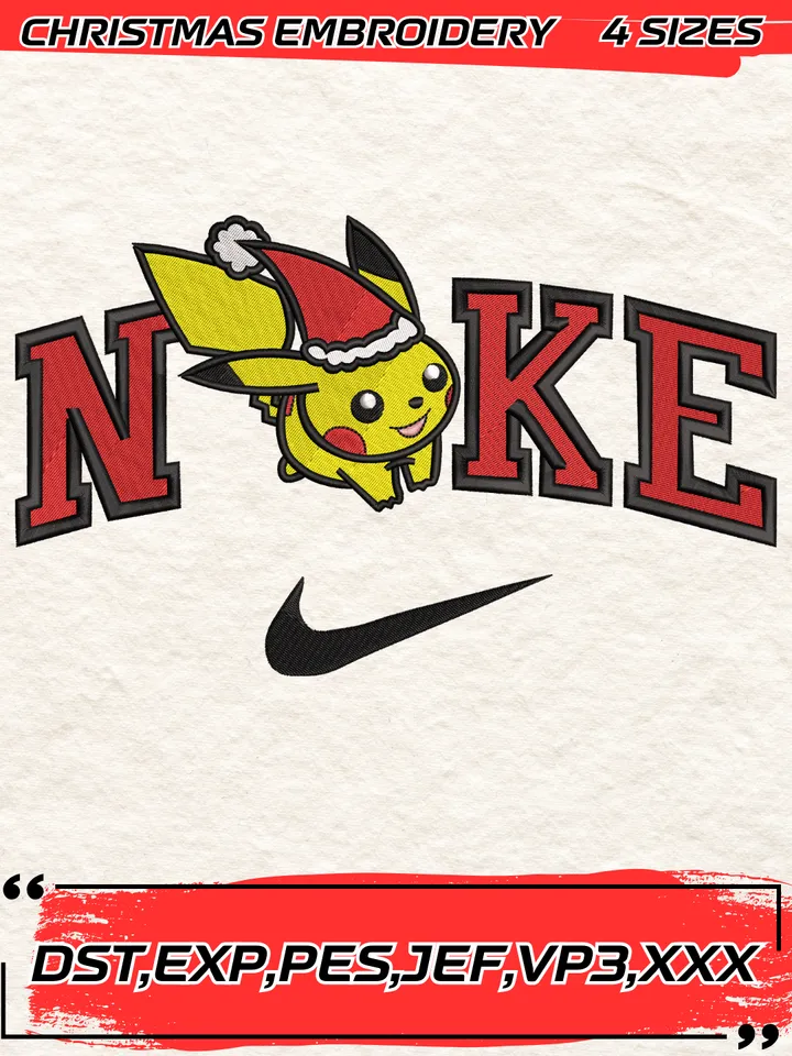 Swoosh Pikachu Santa Christmas Embroidery Design,Christmas Embroidery Design,4 Sizes,Digital Download