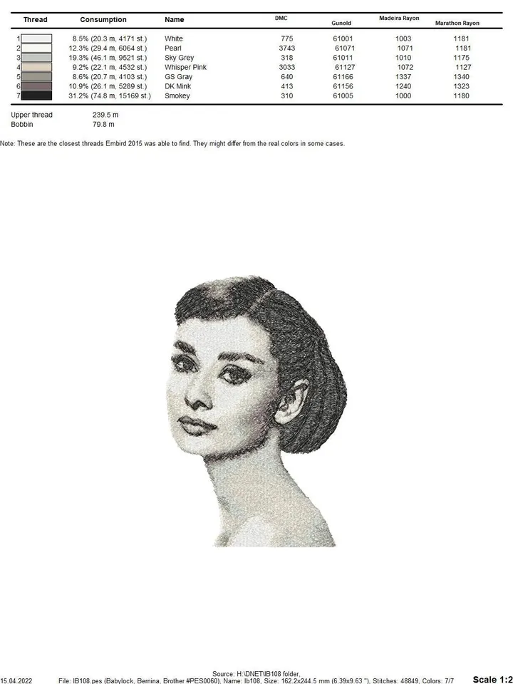 PhotoStitch Audrey machine embroidery designs digital embroidery pattern PhotoStitch Machine embroidery motif  Woman embroidery pattern