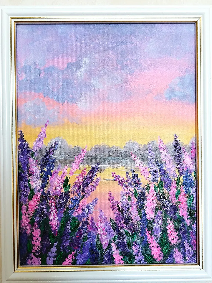 Sunset acrylic painting. Landscape art impasto wall decor