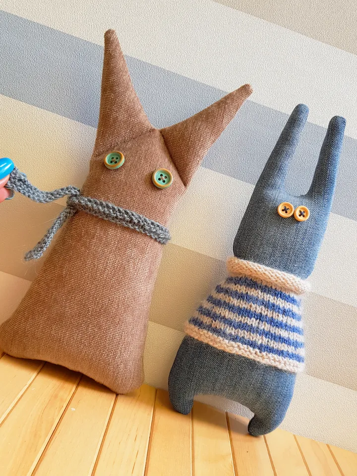 Rabbit sewing and knitted patterns PDF digital tutorial, denim Rabbit in striped sweater