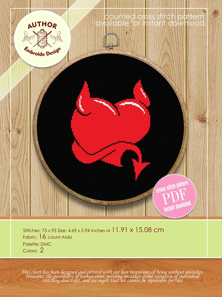 Devil heart cross stitch pattern download PDF Funny Valentine stitch, Heart ornament cross stitch chart, Devil horns, Heart design #T11