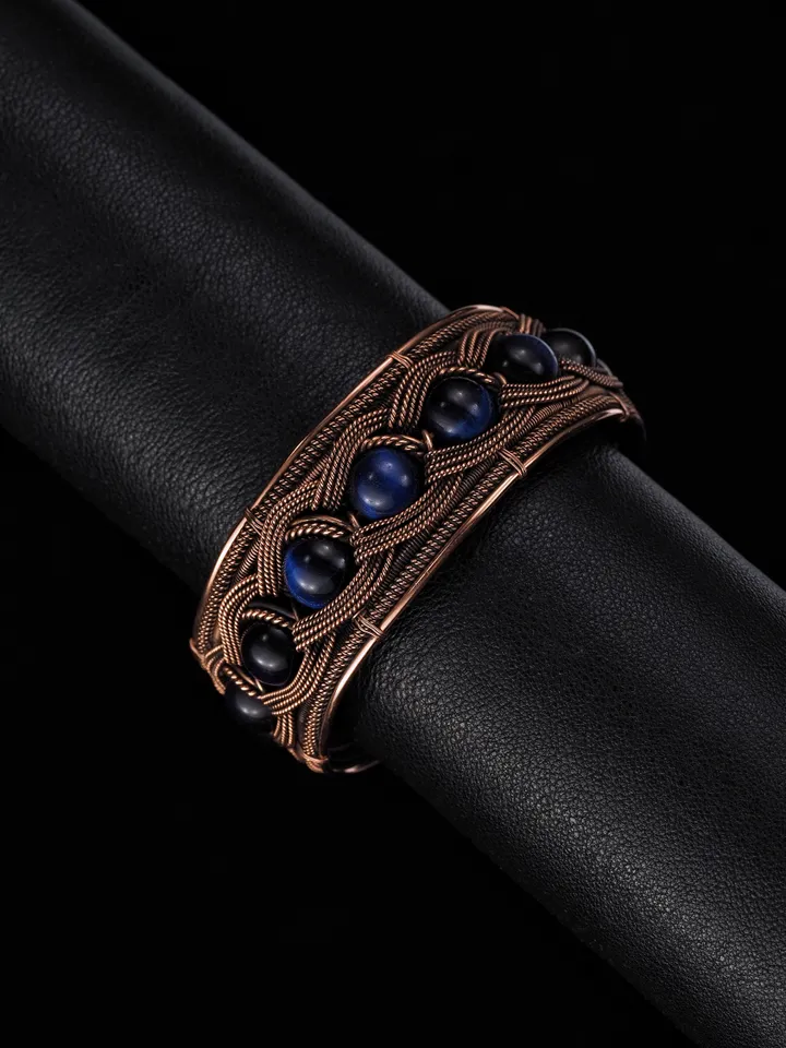 Copper wire bracelet with natural falcon eye, 7th Wedding Anniversary gift