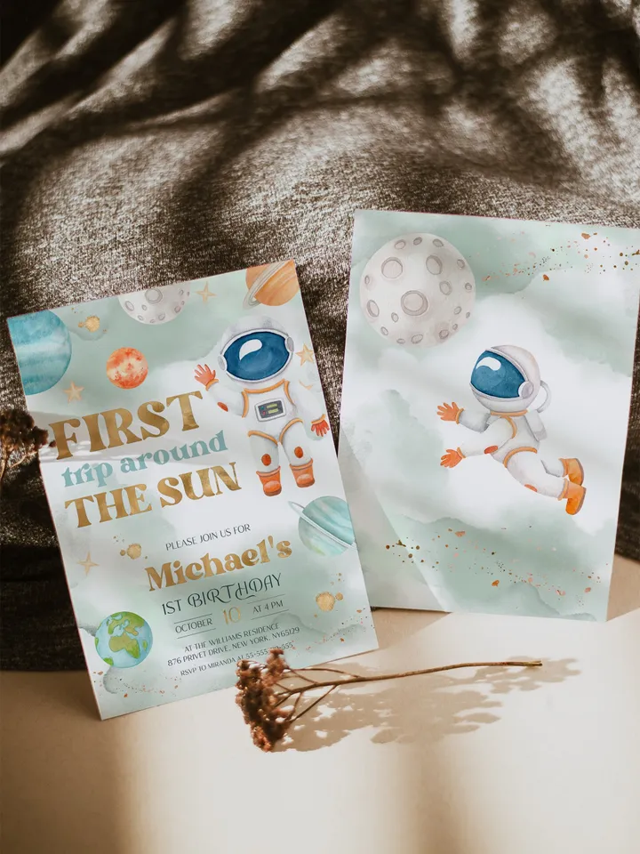 Editable First Trip Around the Sun Galaxy Blast Off Invitation Space Birthday Party Galaxy First Birthday Party Template Outer Space