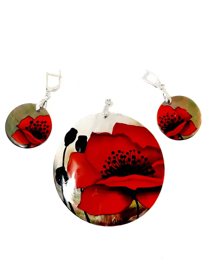 Handmade jewelry sets: Red Poppy Flower • Elegant painted mother of pearl pendant and lightweight shell earrings • Graceful gift for her