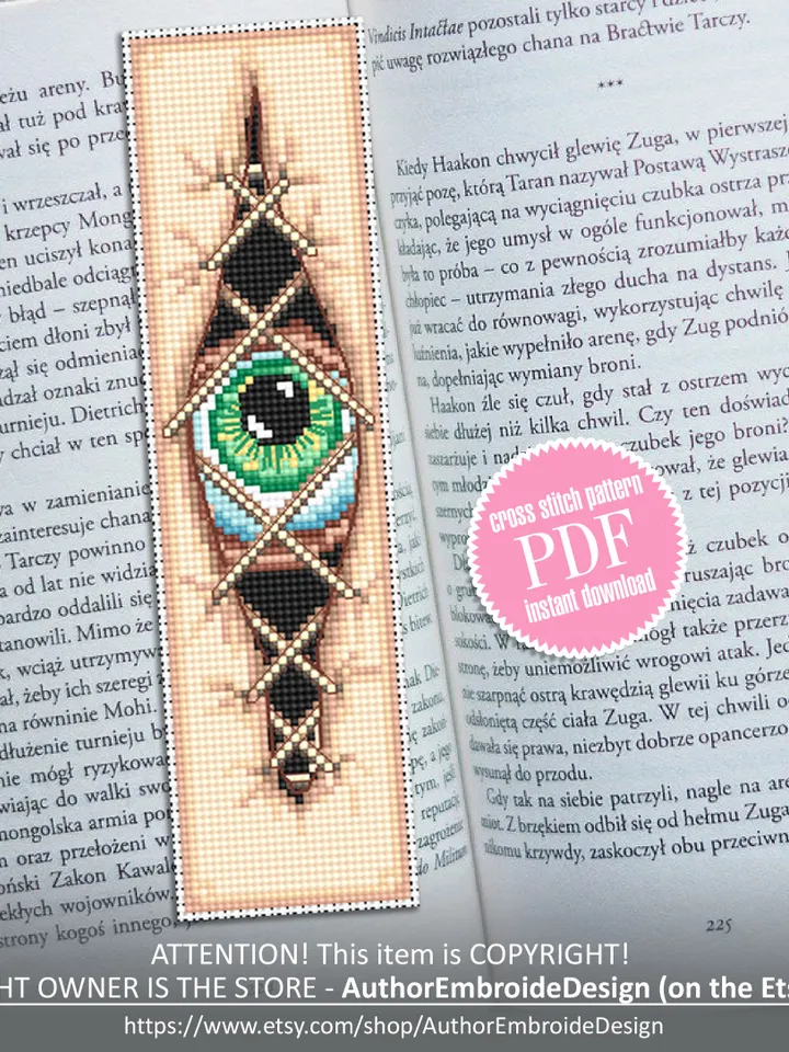 Halloween bookmark cross stitch pattern PDF download Gothic cross stitch chart, Creepy eyes handmade bookmark pattern digital PDF #B177