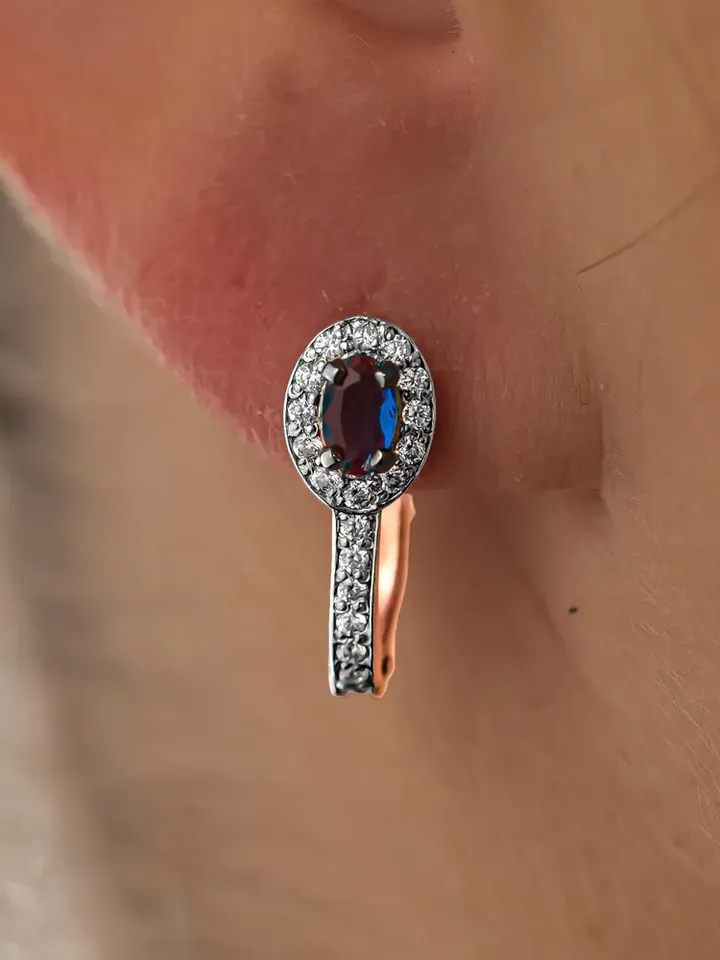 Earrings Silver gold plated 925 assay value with sapphire and cubic zirconia