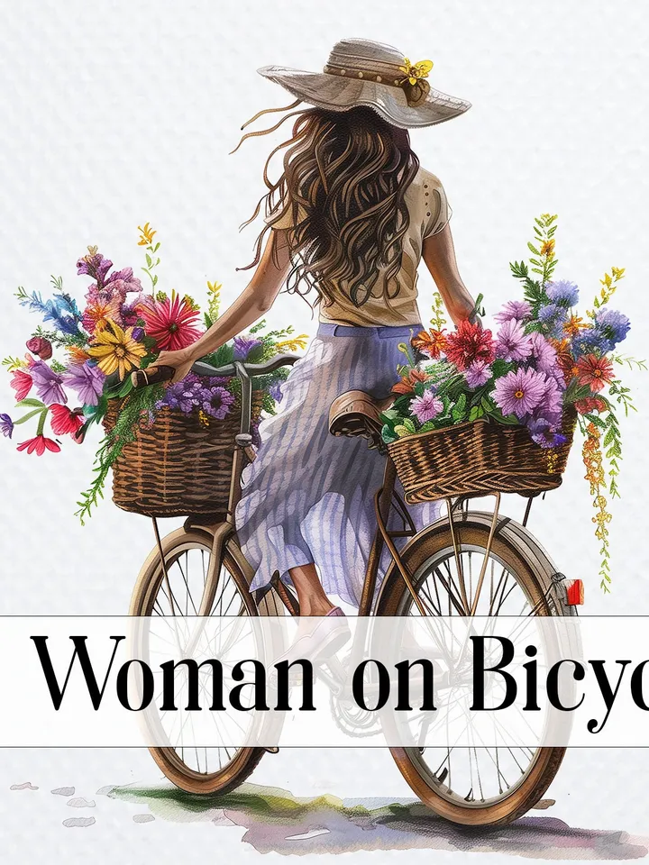 12 PNG Woman on Bicycle Clipart Bundle, Printable Watercolor Floral Bicycle images for sublimation, Digital Paper craft, junk journals