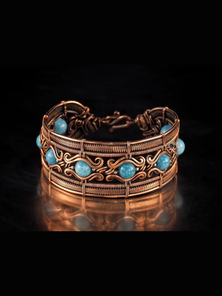 Copper wire wrapped aquamarine bracelet Unique bangle 7th Wedding Anniversary