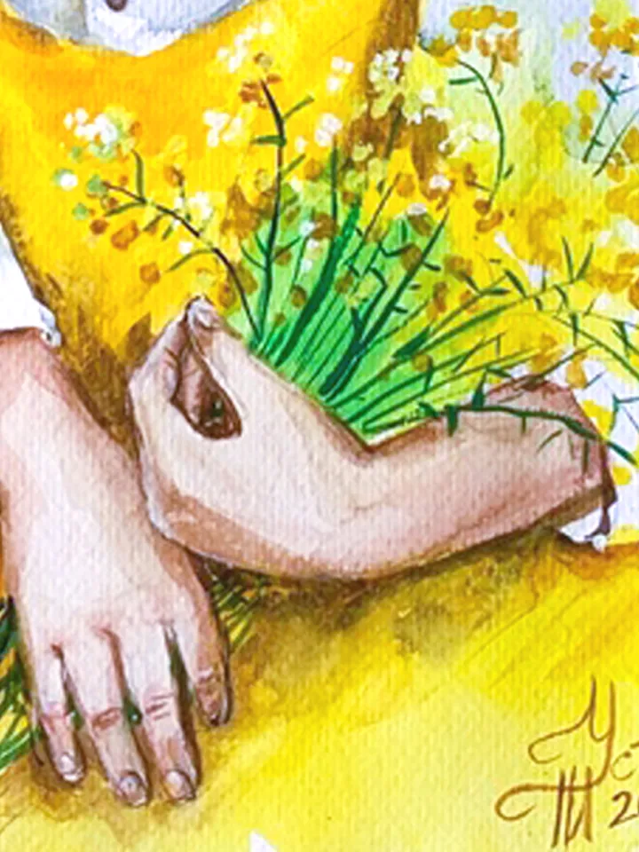 Portrait of a girl, yellow bouquet, watercolor painting