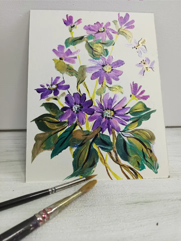 Painting "Anemone and bees". Cardboard 6" x 8". Acrylic. Author's work