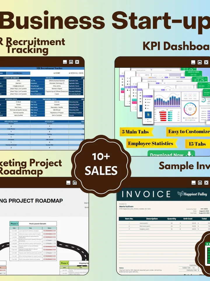 Business Startup Bundle | HR Recruitment Tracker, KPI Dashboard, Marketing Project Roadmap, Sample Invoice | Google Sheets Templates