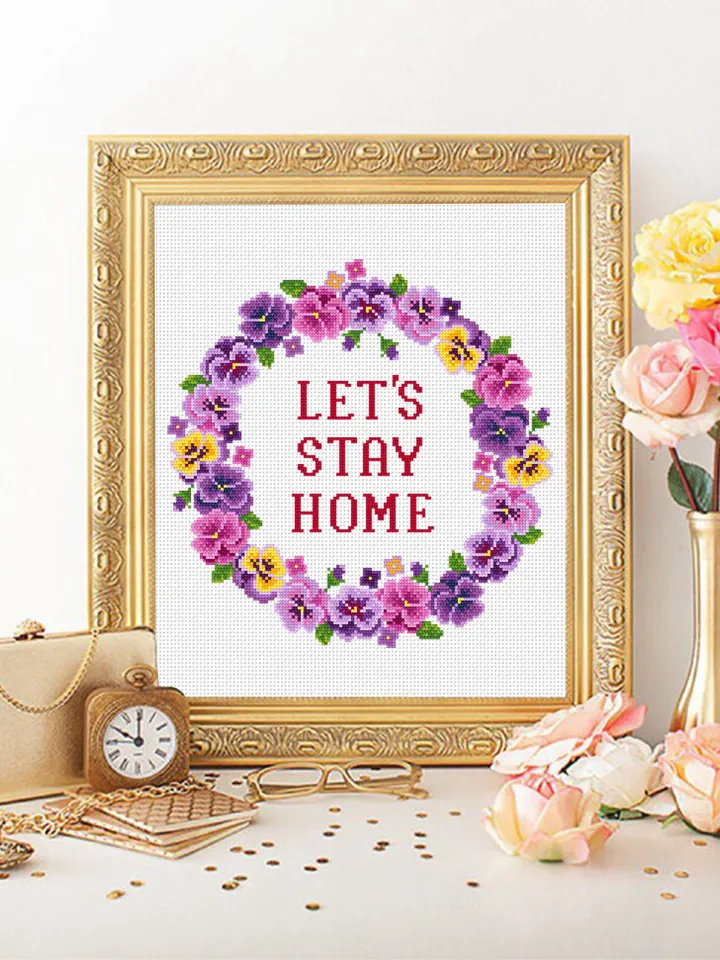 Flower wreath cross stitch pattern Lets Stay Home download PDF, Framed quote cross stitch chart, Floral border cross stitch, Home decor #Q6