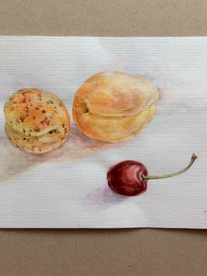 "Apricots and cherry" watercolor painting fruit small artwork original wall art still life, 17,5x12,5cm.