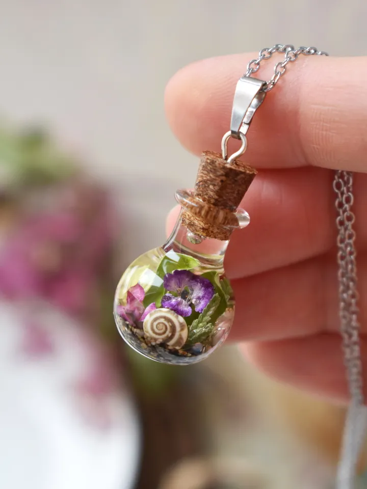 Tiny bottle with Real flowers necklace. Botanical jewelry Terrarium pendant Present for Green witch.