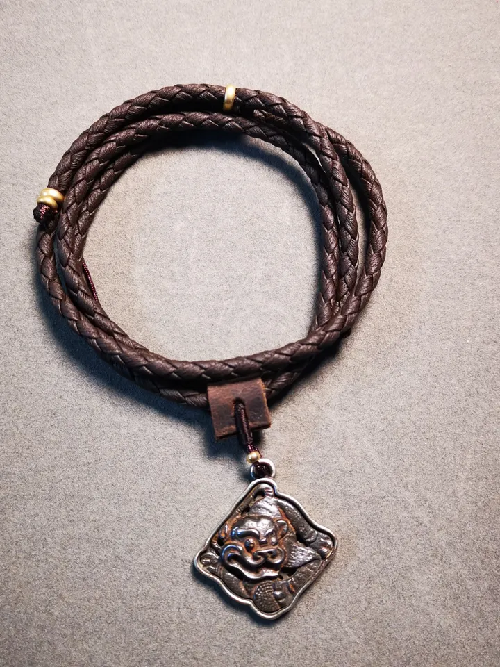 Gandhanra Antique Tibetan Buddhist Amulet,Tiger-the Four Dignities(Garuda,Tiger,Dragon,Lion),Buddhist Protective Talisman,Inlaid with Sliver