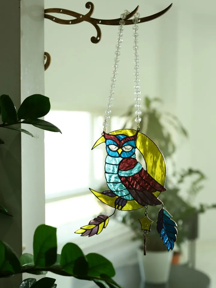 Stained Glass: Owl on the Moon, Stained Glass Owl on the Moon, Baby Room Hanging Owl and Stars, Moonlight Owl Stained Glass Mobile, Whimsical Owl and Moon Nursery Decoration, Handcrafted Stained Glass Owl for Kids' Room, Dreamy Owl and Moon Window Suncatc