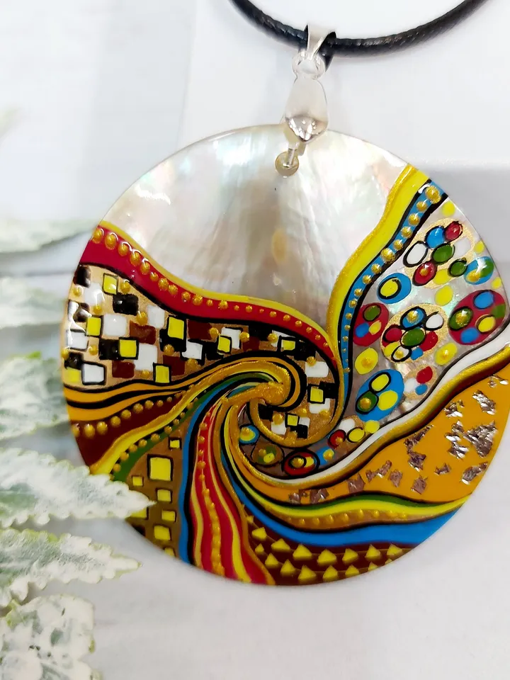 Pearl pendant necklace: Abstract Spiral painting in Klimt style on Graceful Handcrafted Pendant • Delicate handmade jewelry for bright girl