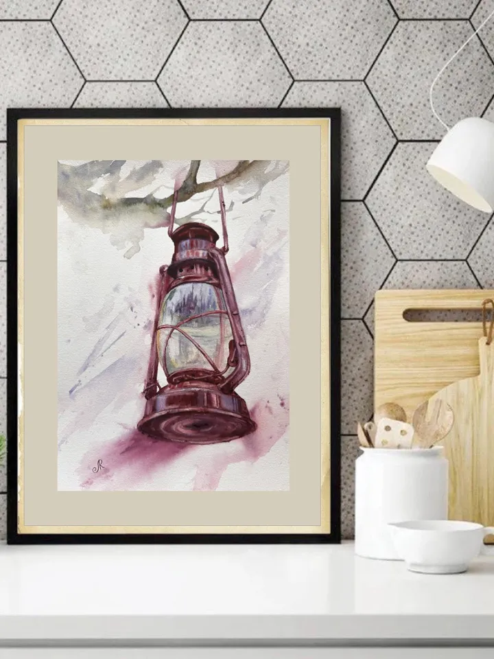 Lantern Painting Street Lamp Painting Cityscape Original Vintage Lantern Old Lamp Painting