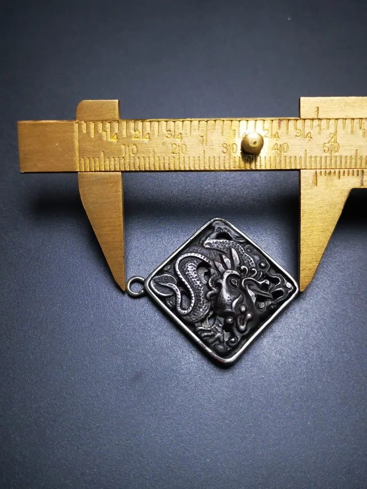 Gandhanra Antique Tibetan Buddhist Amulet,Dragon -the Four Dignities(Garuda,Tiger,Dragon,Lion),Protective Pendant,Inlaid with Sliver