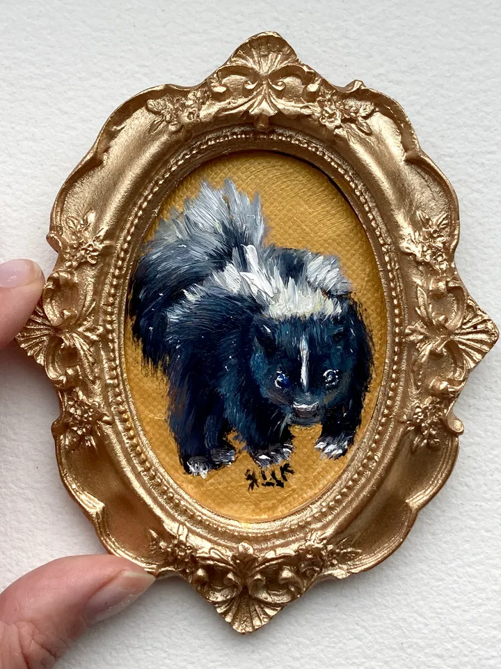 Skunk Oil Painting Original In Vintage Style Frame Small Framed Animals Wildlife Art