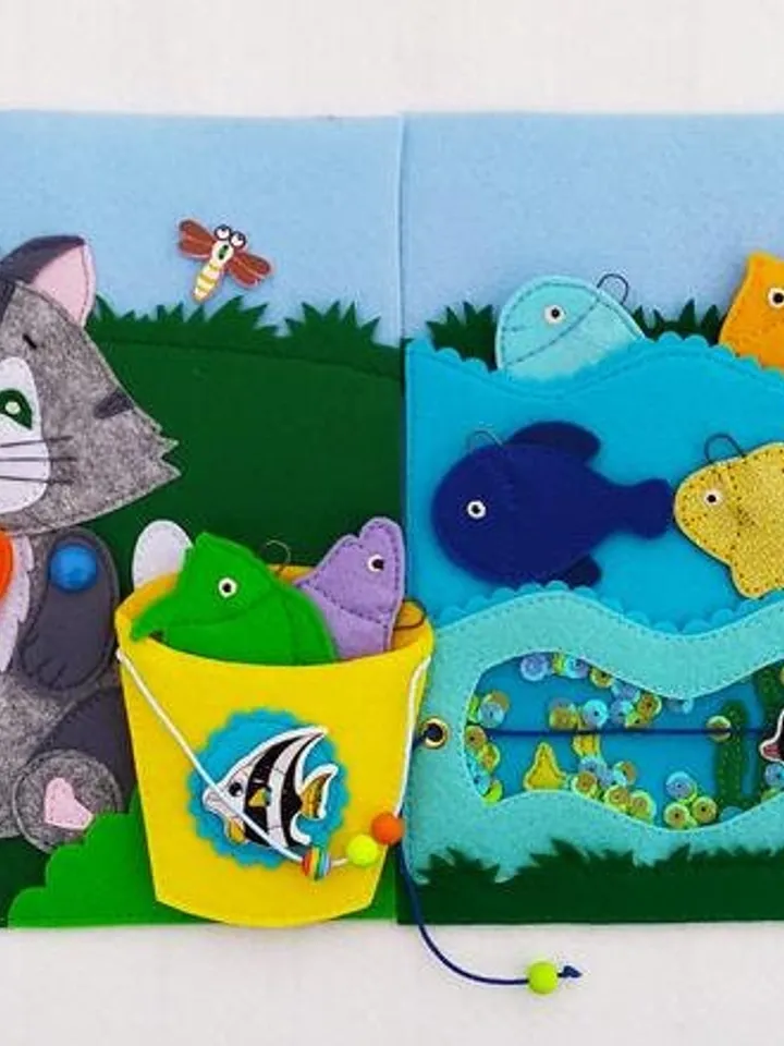 Cat and Fish quiet book PDF pattern & tutorials, Felt activity book for kids, Fishing quiet book template, Felt book ideas for toddler